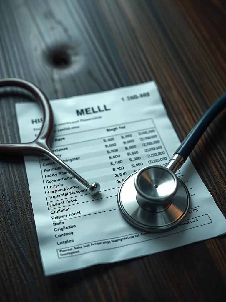 A close-up of a medical bill with high numbers and a stethos