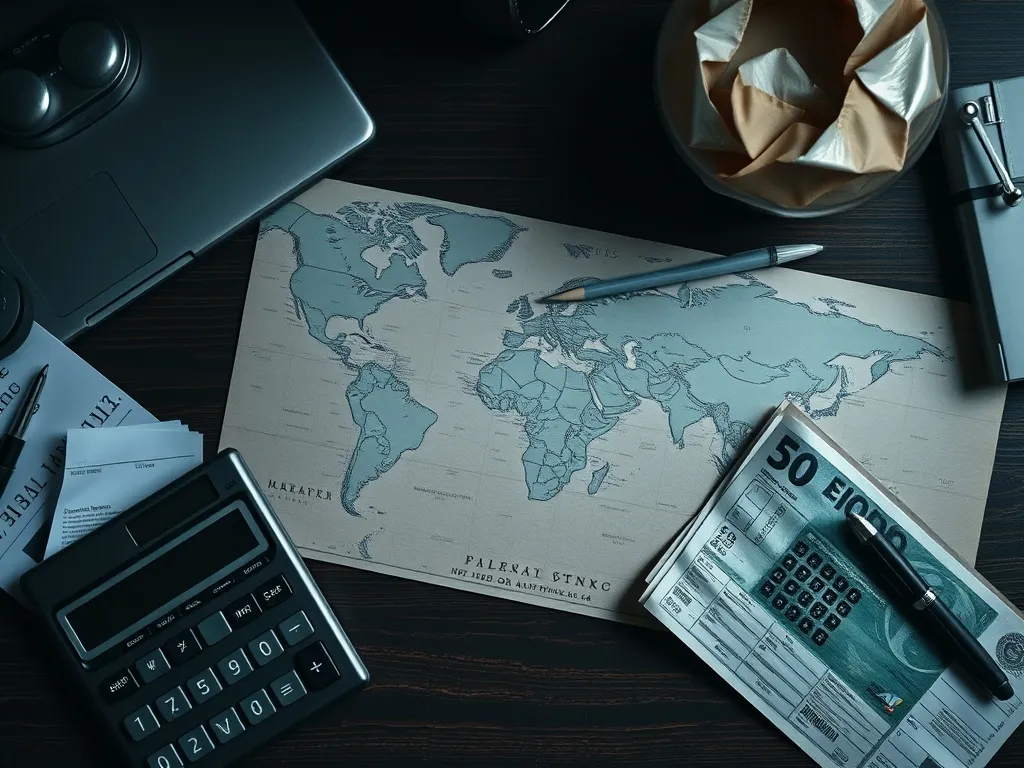 A realistic, slightly messy desk with a calculator, a world